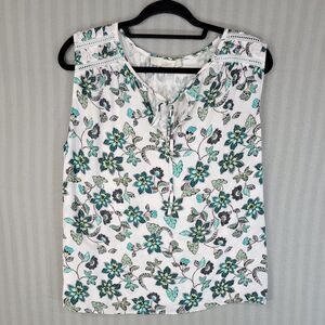 loft Hibiscus Tie Neck Mixed Media Shell top size large sleeveless style 613526